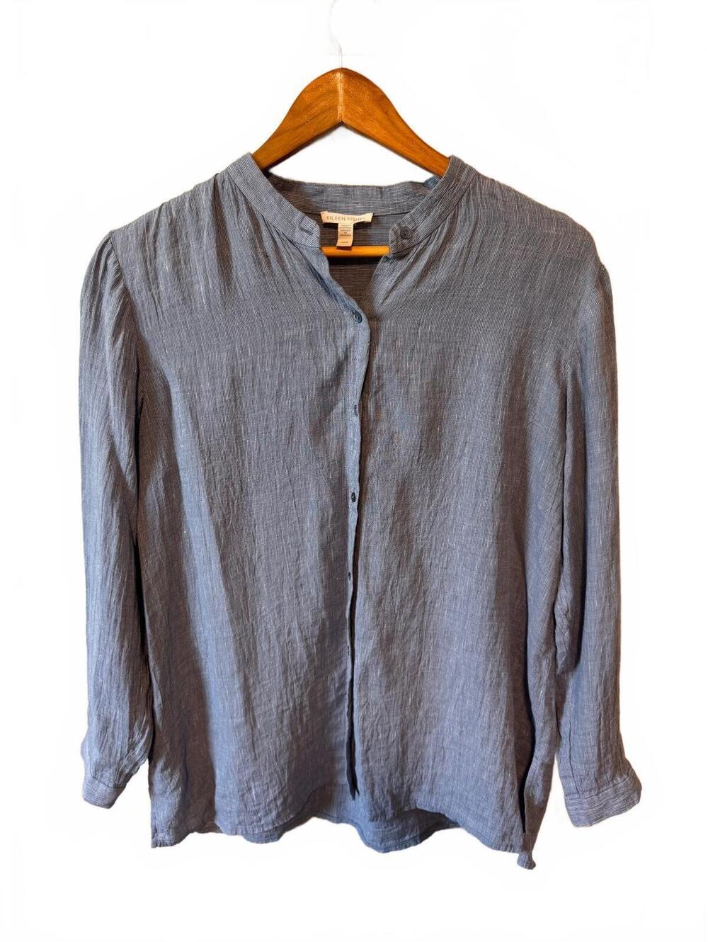 Eileen Fisher | Linen Blend Band Collar Shirt Blue Pinstripe Sz PS Quiet Luxury